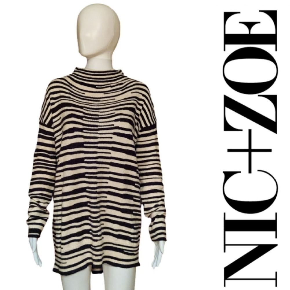 Nic & Zoe Abstract Striped Tunic Length Mock Neck Sweater, S